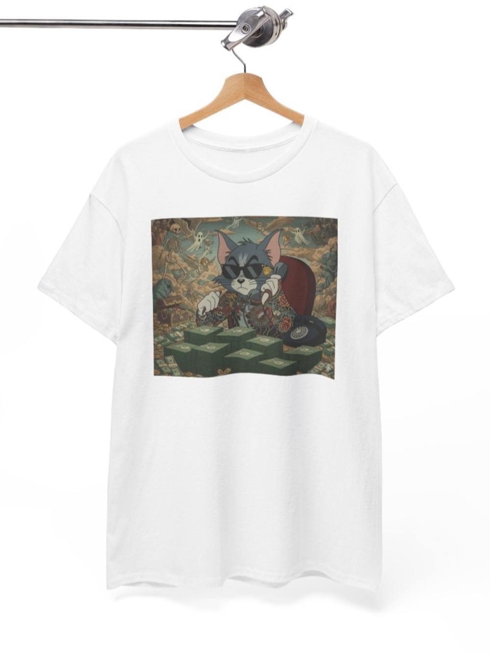 Short-Sleeve Tee with Cartoon Cat Money Graphic - Picture 3 of 5
